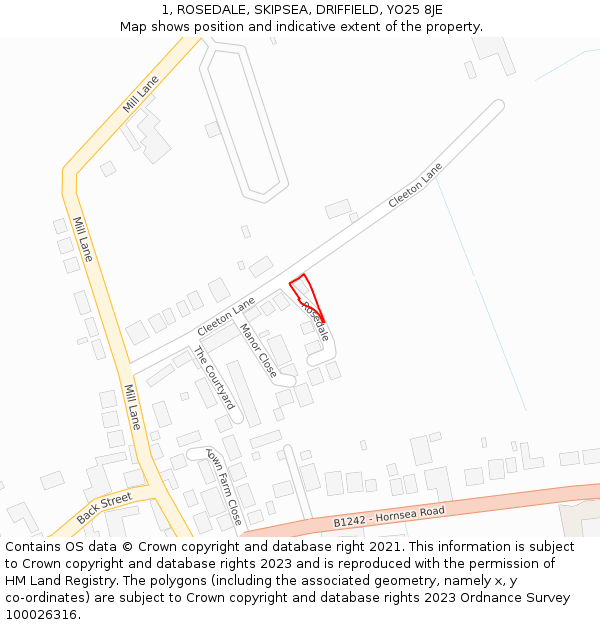 1, ROSEDALE, SKIPSEA, DRIFFIELD, YO25 8JE: Location map and indicative extent of plot