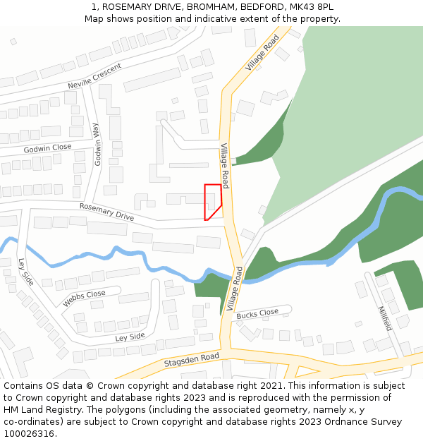 1, ROSEMARY DRIVE, BROMHAM, BEDFORD, MK43 8PL: Location map and indicative extent of plot