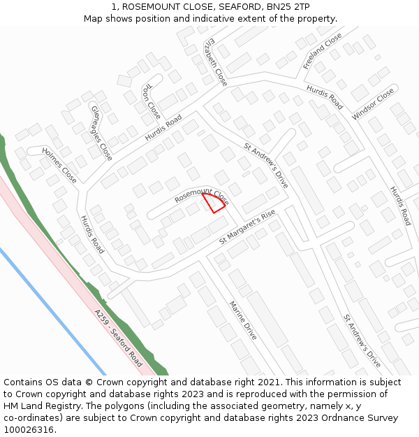 1, ROSEMOUNT CLOSE, SEAFORD, BN25 2TP: Location map and indicative extent of plot