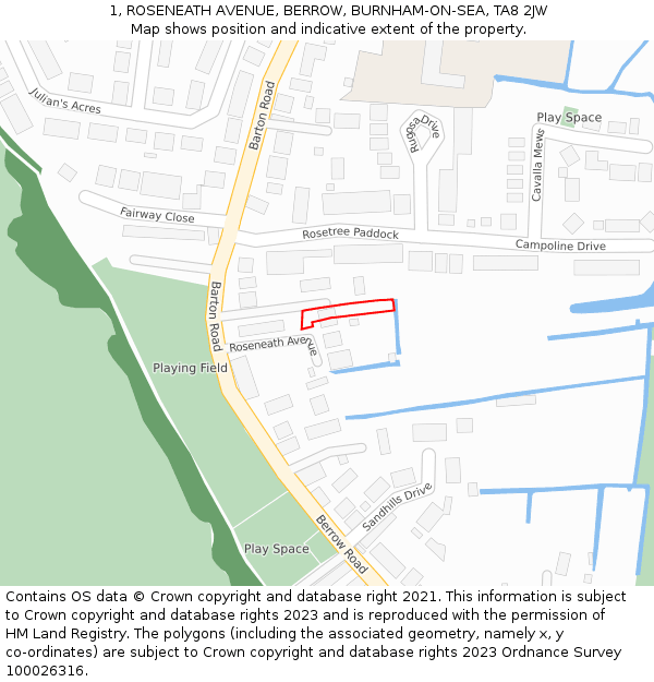 1, ROSENEATH AVENUE, BERROW, BURNHAM-ON-SEA, TA8 2JW: Location map and indicative extent of plot