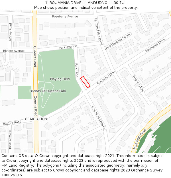 1, ROUMANIA DRIVE, LLANDUDNO, LL30 1UL: Location map and indicative extent of plot