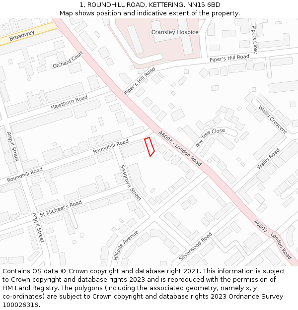 1, ROUNDHILL ROAD, KETTERING, NN15 6BD: Location map and indicative extent of plot