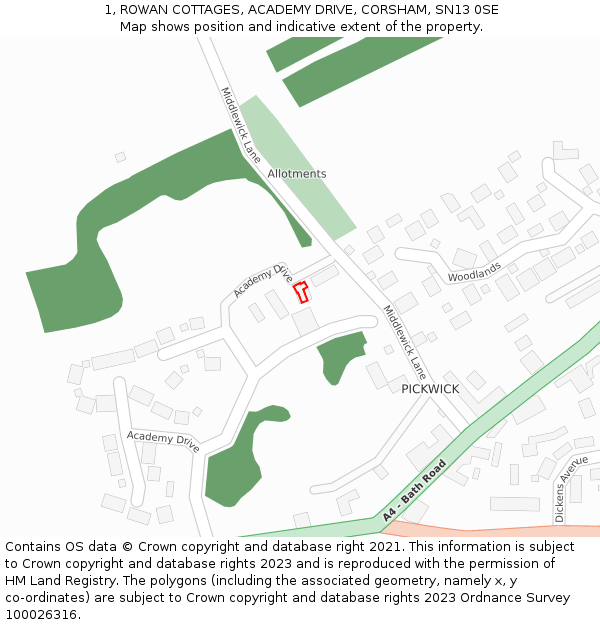 1, ROWAN COTTAGES, ACADEMY DRIVE, CORSHAM, SN13 0SE: Location map and indicative extent of plot
