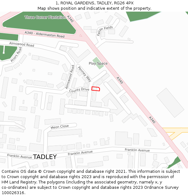 1, ROYAL GARDENS, TADLEY, RG26 4PX: Location map and indicative extent of plot