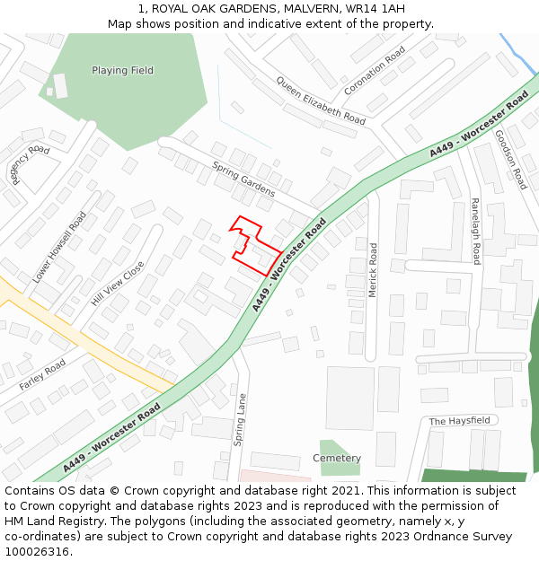 1, ROYAL OAK GARDENS, MALVERN, WR14 1AH: Location map and indicative extent of plot