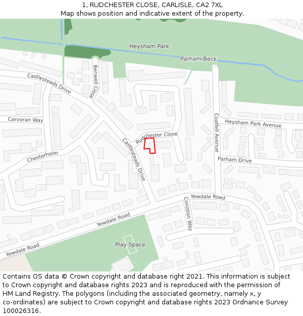 1, RUDCHESTER CLOSE, CARLISLE, CA2 7XL: Location map and indicative extent of plot