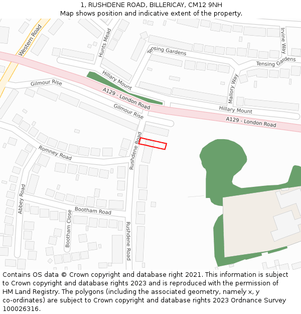 1, RUSHDENE ROAD, BILLERICAY, CM12 9NH: Location map and indicative extent of plot