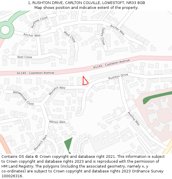 1, RUSHTON DRIVE, CARLTON COLVILLE, LOWESTOFT, NR33 8GB: Location map and indicative extent of plot