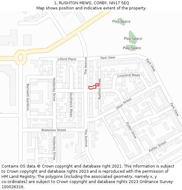 1, RUSHTON MEWS, CORBY, NN17 5EQ: Location map and indicative extent of plot