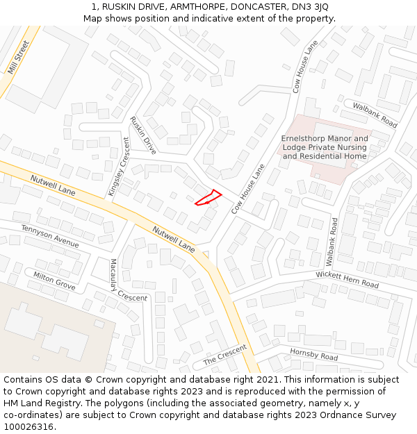 1, RUSKIN DRIVE, ARMTHORPE, DONCASTER, DN3 3JQ: Location map and indicative extent of plot