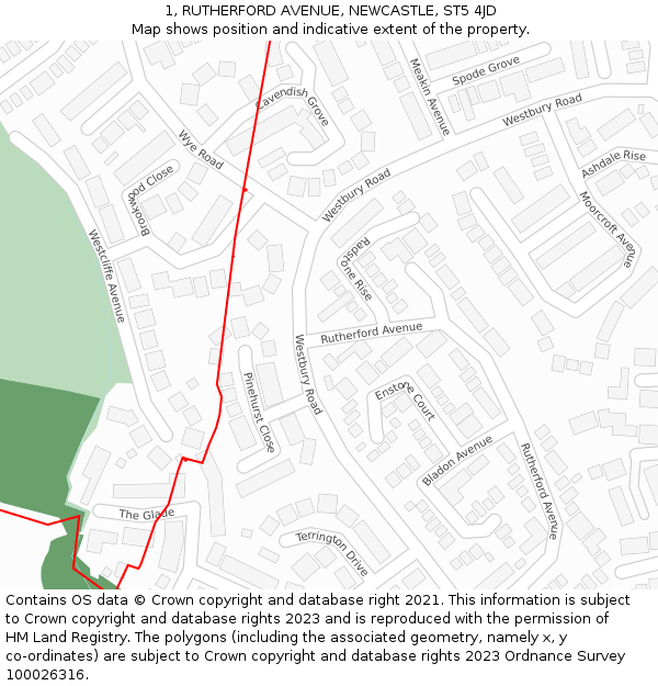 1, RUTHERFORD AVENUE, NEWCASTLE, ST5 4JD: Location map and indicative extent of plot