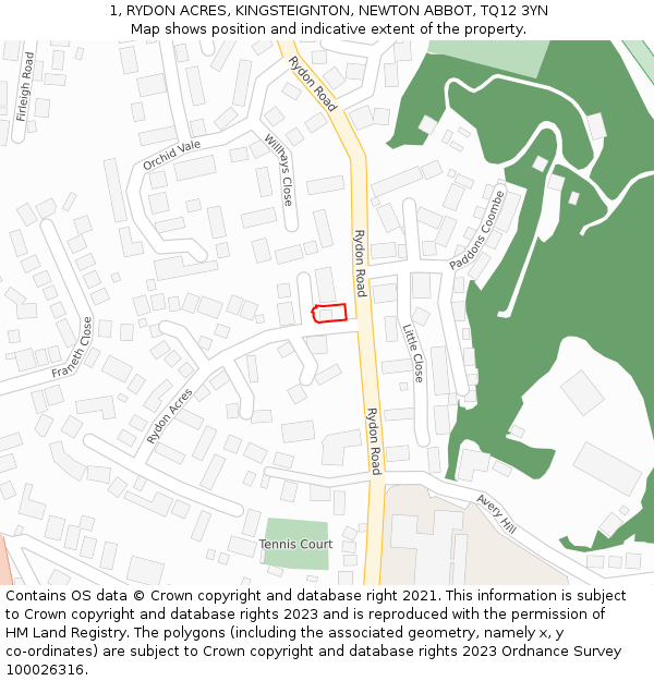 1, RYDON ACRES, KINGSTEIGNTON, NEWTON ABBOT, TQ12 3YN: Location map and indicative extent of plot
