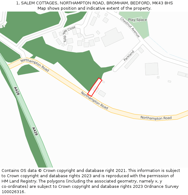 1, SALEM COTTAGES, NORTHAMPTON ROAD, BROMHAM, BEDFORD, MK43 8HS: Location map and indicative extent of plot