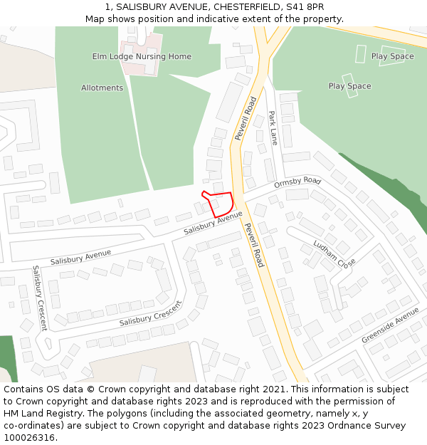 1, SALISBURY AVENUE, CHESTERFIELD, S41 8PR: Location map and indicative extent of plot