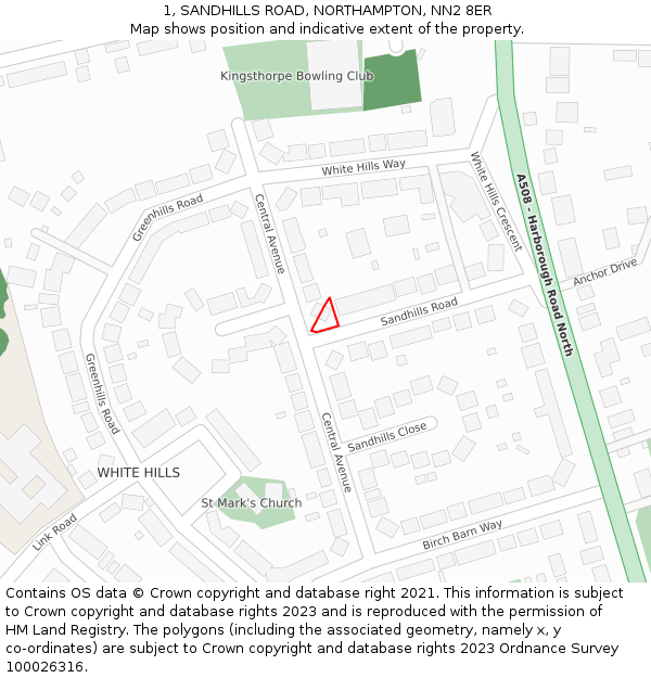 1, SANDHILLS ROAD, NORTHAMPTON, NN2 8ER: Location map and indicative extent of plot