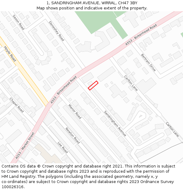 1, SANDRINGHAM AVENUE, WIRRAL, CH47 3BY: Location map and indicative extent of plot