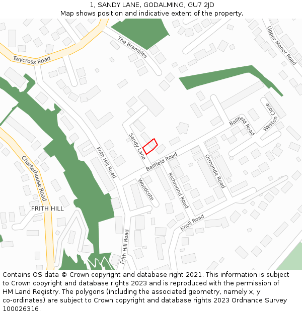 1, SANDY LANE, GODALMING, GU7 2JD: Location map and indicative extent of plot