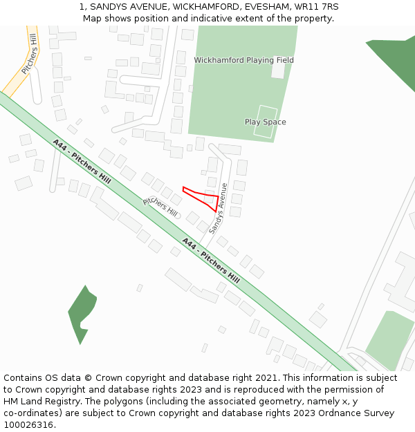 1, SANDYS AVENUE, WICKHAMFORD, EVESHAM, WR11 7RS: Location map and indicative extent of plot