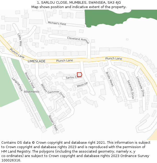 1, SARLOU CLOSE, MUMBLES, SWANSEA, SA3 4JG: Location map and indicative extent of plot