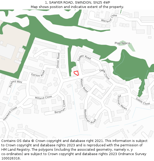 1, SAWYER ROAD, SWINDON, SN25 4WP: Location map and indicative extent of plot
