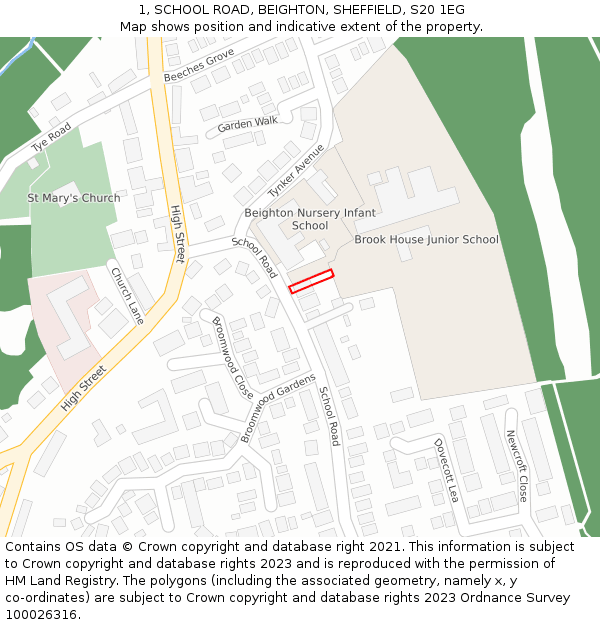 1, SCHOOL ROAD, BEIGHTON, SHEFFIELD, S20 1EG: Location map and indicative extent of plot