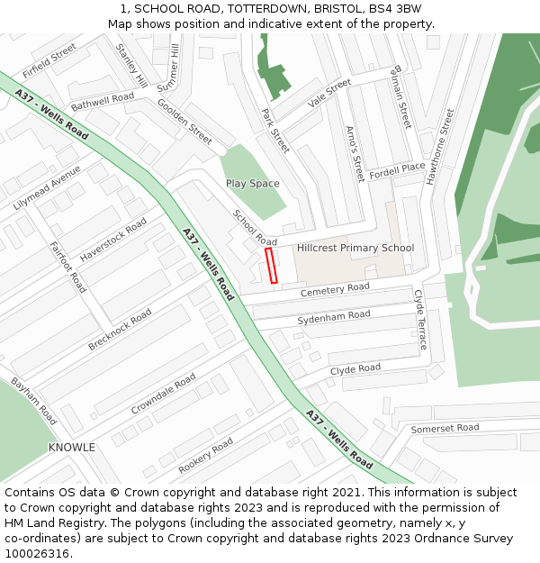 1, SCHOOL ROAD, TOTTERDOWN, BRISTOL, BS4 3BW: Location map and indicative extent of plot