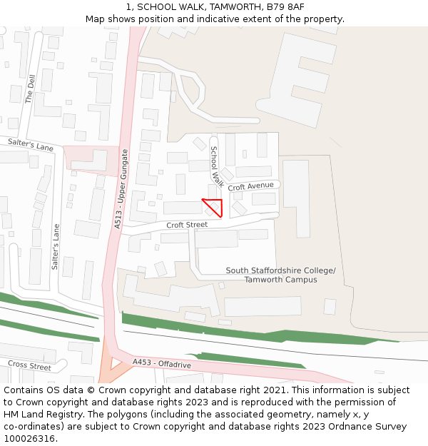1, SCHOOL WALK, TAMWORTH, B79 8AF: Location map and indicative extent of plot