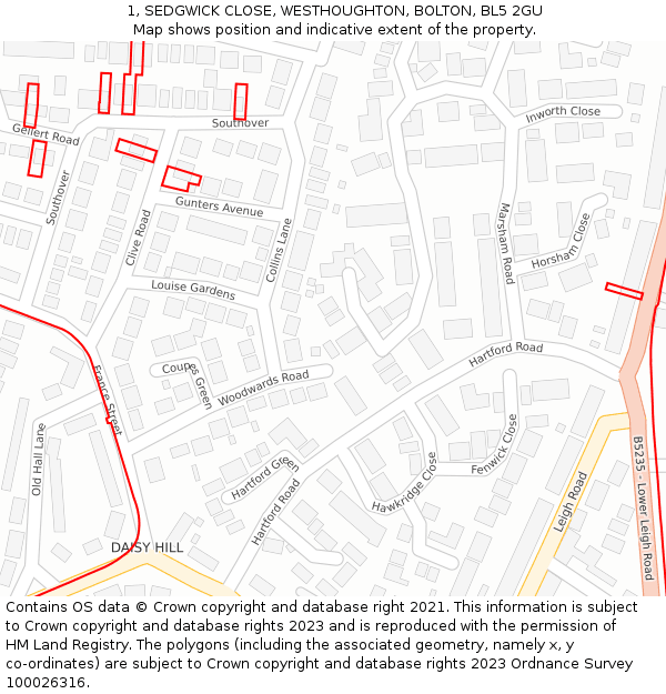 1, SEDGWICK CLOSE, WESTHOUGHTON, BOLTON, BL5 2GU: Location map and indicative extent of plot
