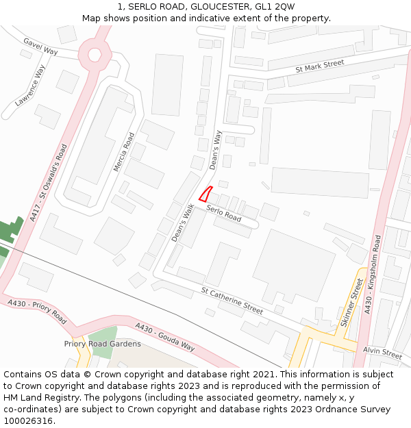 1, SERLO ROAD, GLOUCESTER, GL1 2QW: Location map and indicative extent of plot
