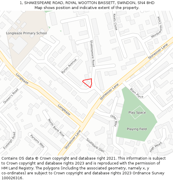 1, SHAKESPEARE ROAD, ROYAL WOOTTON BASSETT, SWINDON, SN4 8HD: Location map and indicative extent of plot