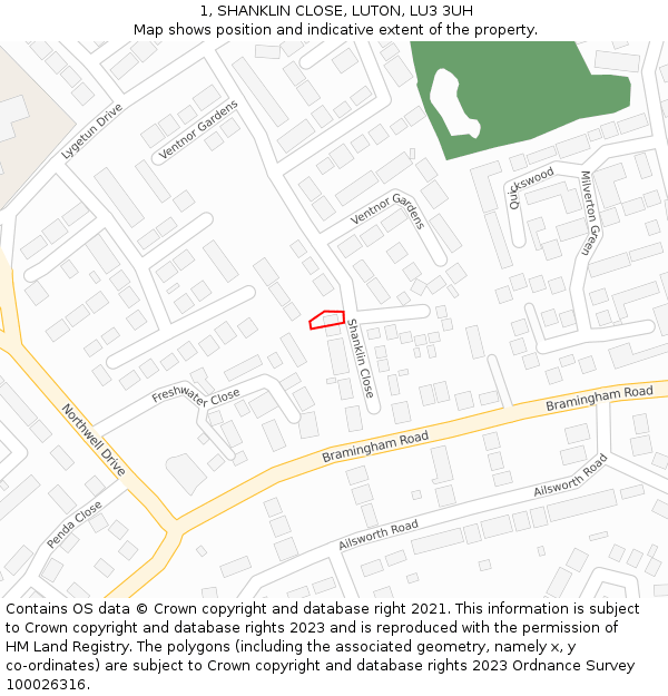 1, SHANKLIN CLOSE, LUTON, LU3 3UH: Location map and indicative extent of plot