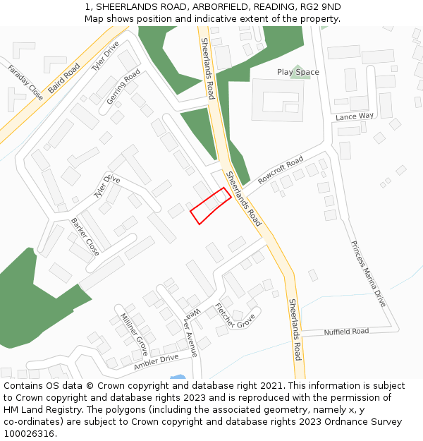 1, SHEERLANDS ROAD, ARBORFIELD, READING, RG2 9ND: Location map and indicative extent of plot