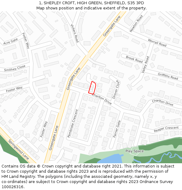 1, SHEPLEY CROFT, HIGH GREEN, SHEFFIELD, S35 3PD: Location map and indicative extent of plot