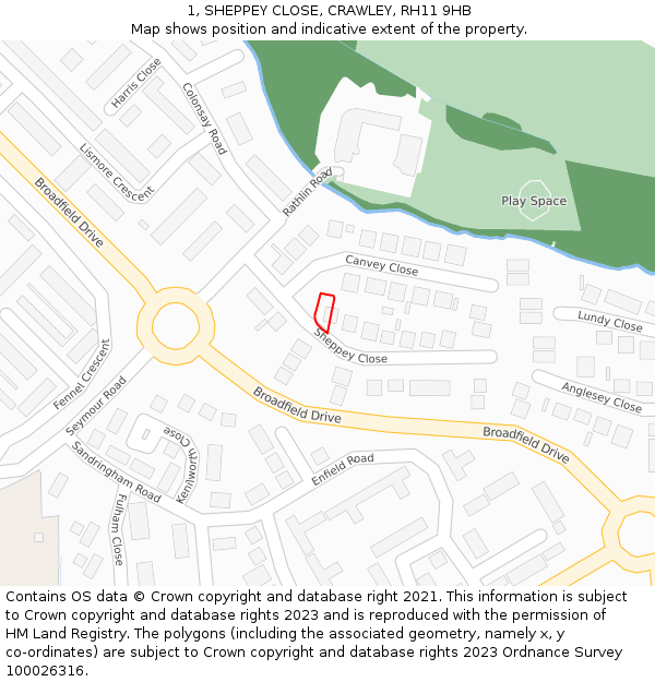 1, SHEPPEY CLOSE, CRAWLEY, RH11 9HB: Location map and indicative extent of plot