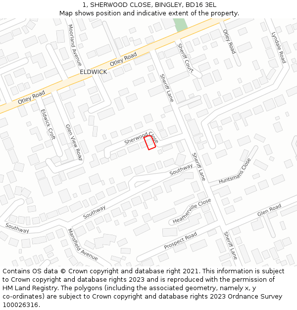 1, SHERWOOD CLOSE, BINGLEY, BD16 3EL: Location map and indicative extent of plot