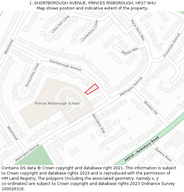 1, SHORTBOROUGH AVENUE, PRINCES RISBOROUGH, HP27 9HU: Location map and indicative extent of plot