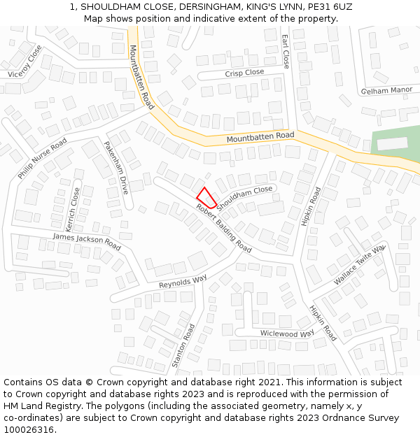 1, SHOULDHAM CLOSE, DERSINGHAM, KING'S LYNN, PE31 6UZ: Location map and indicative extent of plot