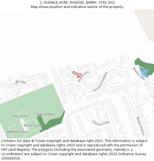 1, SHOWLE ACRE, RHOOSE, BARRY, CF62 3HZ: Location map and indicative extent of plot