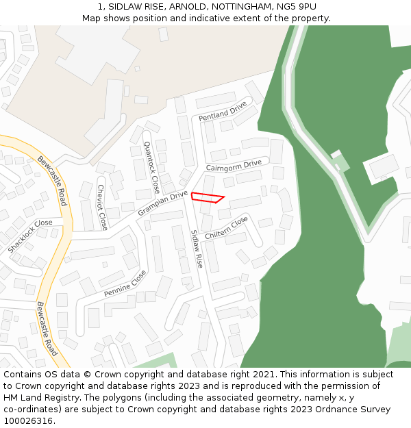 1, SIDLAW RISE, ARNOLD, NOTTINGHAM, NG5 9PU: Location map and indicative extent of plot