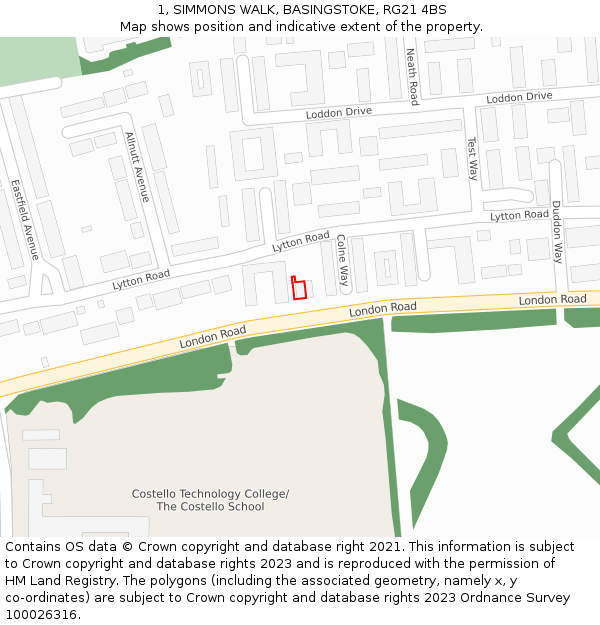 1, SIMMONS WALK, BASINGSTOKE, RG21 4BS: Location map and indicative extent of plot