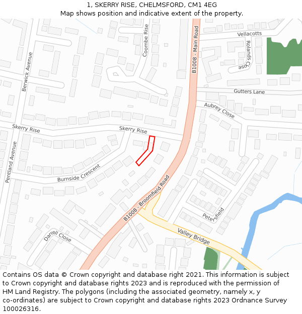 1, SKERRY RISE, CHELMSFORD, CM1 4EG: Location map and indicative extent of plot