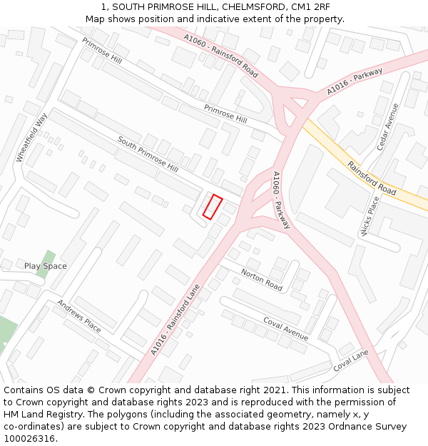 1, SOUTH PRIMROSE HILL, CHELMSFORD, CM1 2RF: Location map and indicative extent of plot