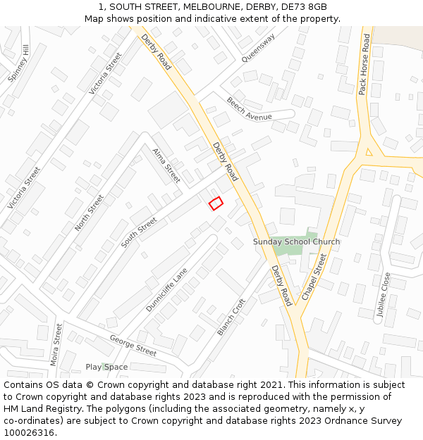 1, SOUTH STREET, MELBOURNE, DERBY, DE73 8GB: Location map and indicative extent of plot