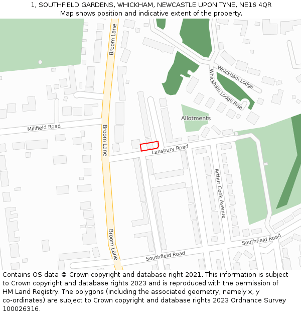 1, SOUTHFIELD GARDENS, WHICKHAM, NEWCASTLE UPON TYNE, NE16 4QR: Location map and indicative extent of plot