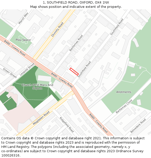 1, SOUTHFIELD ROAD, OXFORD, OX4 1NX: Location map and indicative extent of plot
