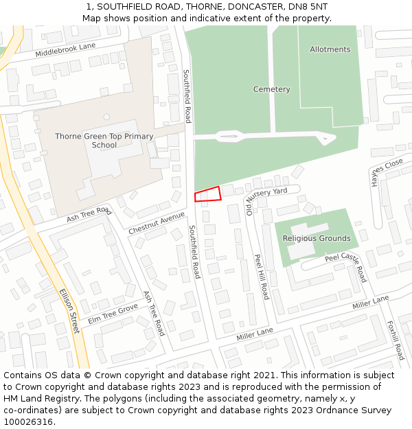 1, SOUTHFIELD ROAD, THORNE, DONCASTER, DN8 5NT: Location map and indicative extent of plot