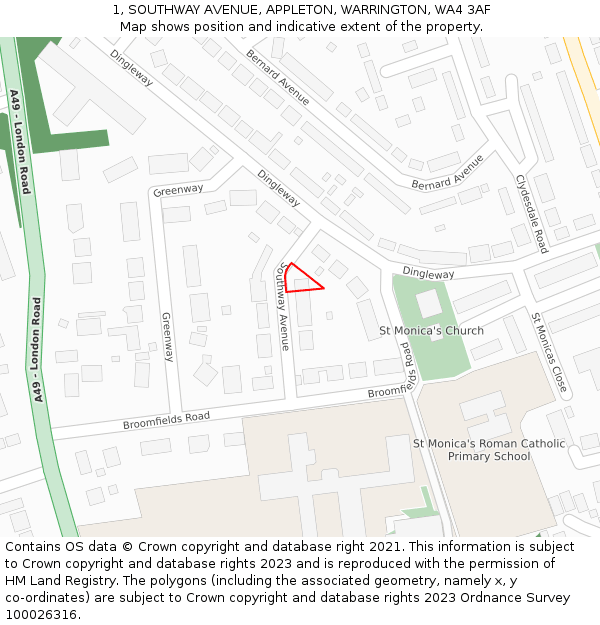 1, SOUTHWAY AVENUE, APPLETON, WARRINGTON, WA4 3AF: Location map and indicative extent of plot
