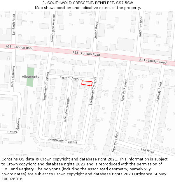 1, SOUTHWOLD CRESCENT, BENFLEET, SS7 5SW: Location map and indicative extent of plot