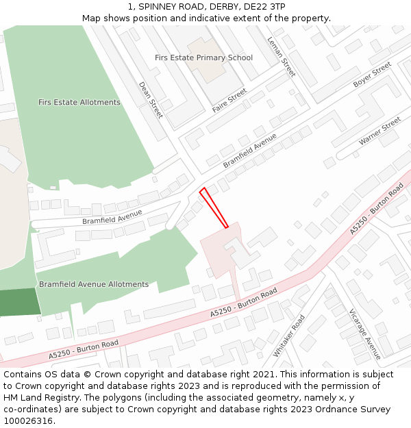 1, SPINNEY ROAD, DERBY, DE22 3TP: Location map and indicative extent of plot