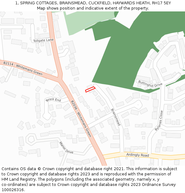 1, SPRING COTTAGES, BRAINSMEAD, CUCKFIELD, HAYWARDS HEATH, RH17 5EY: Location map and indicative extent of plot